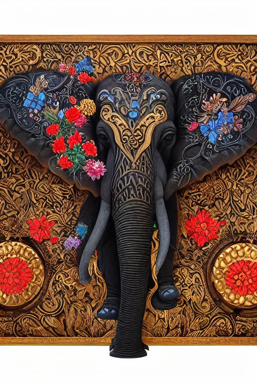 Image similar to Painted dark-wood panel relief carving of a close up of a Flowerpunk Matriarch Elephant, ornate border frame, explosion of colorful flowers, dark wood, intricately carved, black ink, festival of rich colors, intricate details, cinematic lighting, volumetric lighting, post-processing, art nouveau, by andreas rocha and john howe, and Martin Johnson Heade, featured on artstation, featured on behance, golden ratio, hyper detailed, photorealistic, epic composition, center spotlight, f32, well composed, UE5, 8k