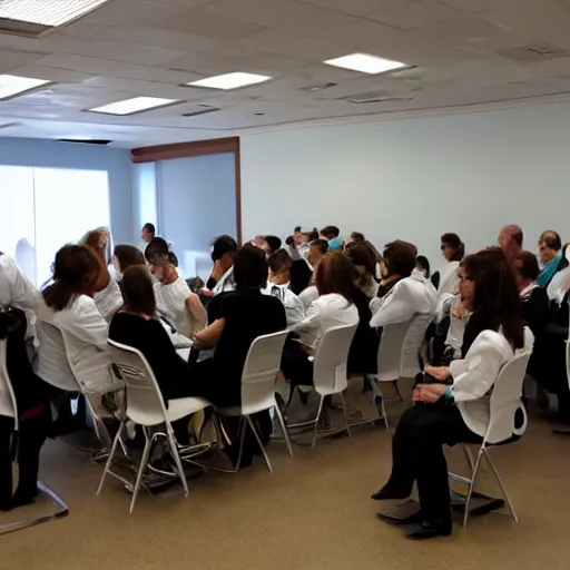 Image similar to A room full of doctors examining a young pregnant man