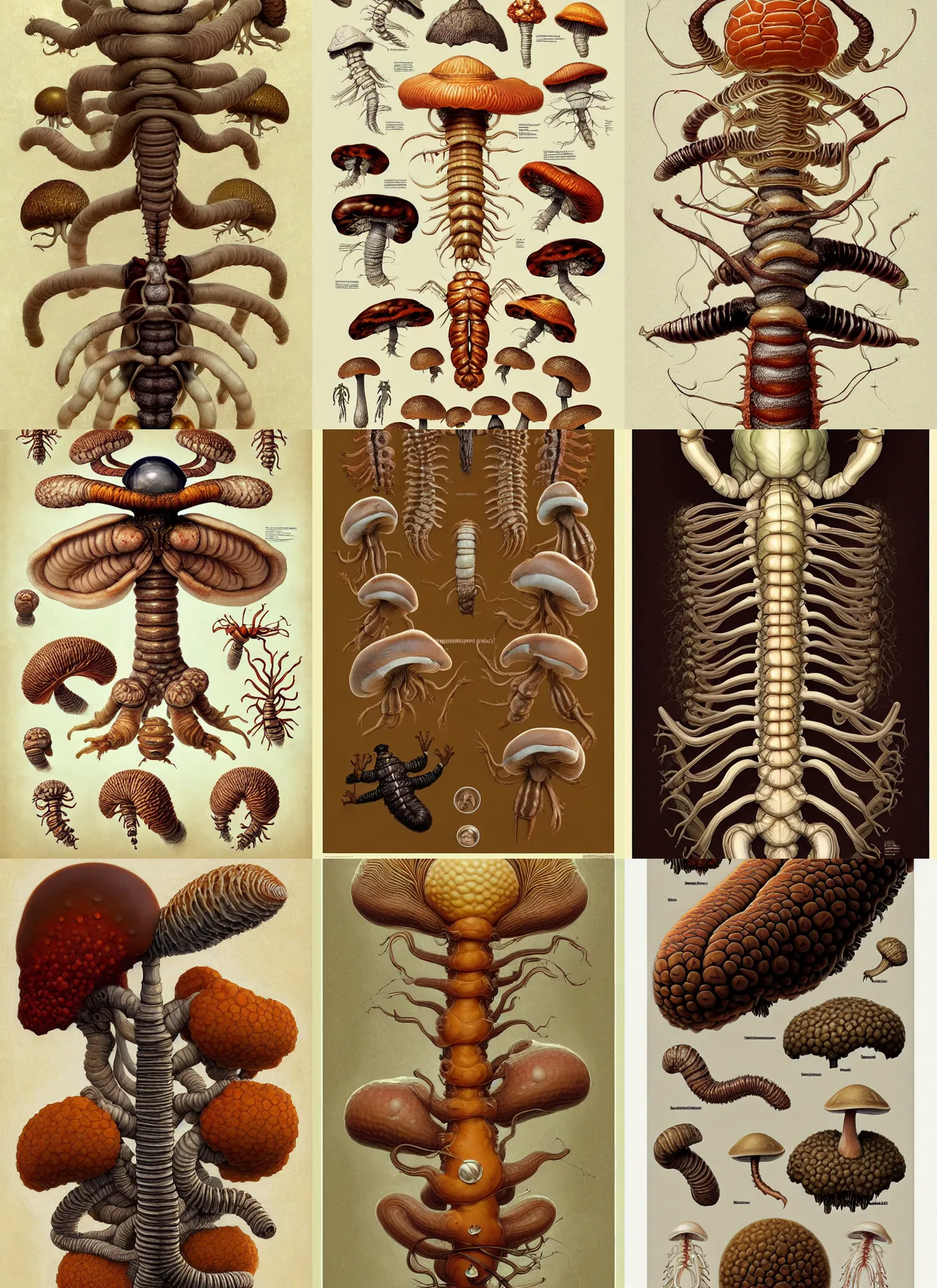 Prompt: fungus worm anatomy sheet on white background, action pose, intricate, highly detailed, digital painting, artstation, concept art, smooth, sharp focus, illustration, art by norman rockwell emiliano ponzi andrey remnev yoann lossel aaron jasinski, 8 k