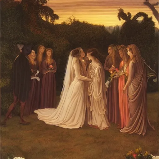 Image similar to Wedding at Dusk, art by Evelyn De Morgan