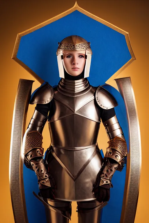 Image similar to female knight, brown hairs, no helmet, blue eyes, armor created by louis vuitton, lv logos, symmetrical, cinematic, elegant, professional studio light, real dlsr photography, sharp focus, 4 k, ultra hd, sense of awe