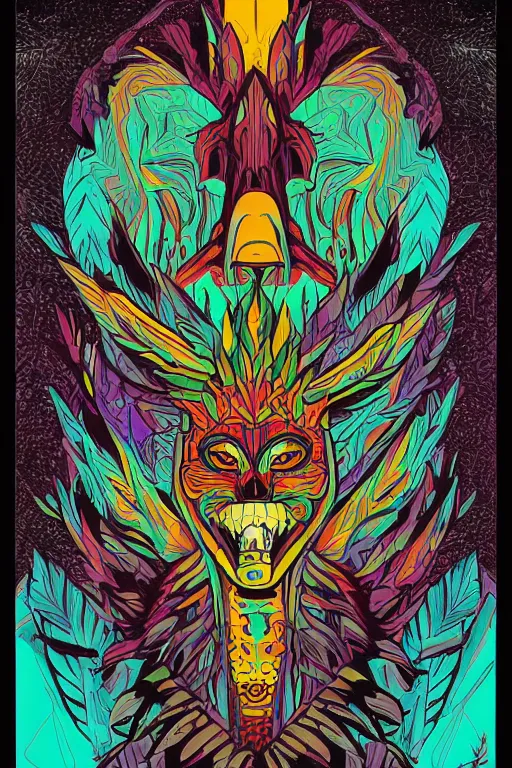 Image similar to animal mask totem roots flower tribal feather gemstone plant wood rock shaman vodoo video game vector cutout illustration vivid multicolor borderlands comics by josan gonzales and dan mumford radiating a glowing aura