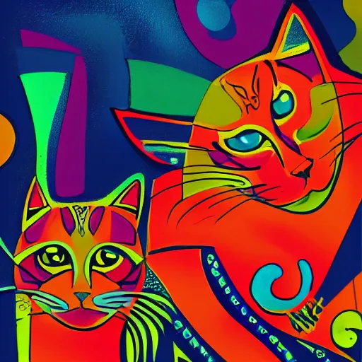 Image similar to A highly stylized conceptual art 4k shaded matte illustration of two abstract expressionist cats intertwined together in the style of Kandinksy