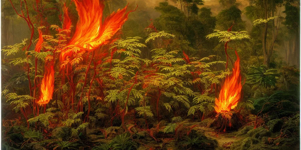 Prompt: A flaming forest , flaming leaves,Magma,flame stones are scattered, flame ferns, flame shrubs, huge flame Fantasy plant,covered in flame porcelain vine,by Frederic Edwin Church