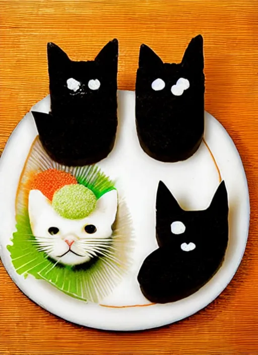 Image similar to clear surrealist painting of adorable cats made from sushi rice, sitting on sushi plates with garnish