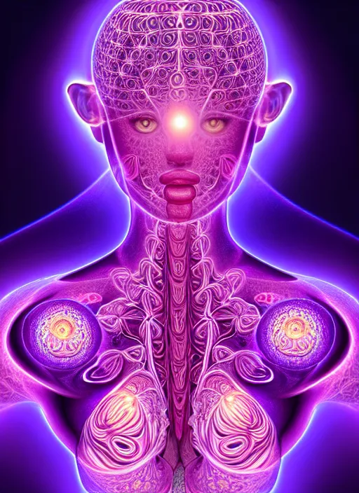 Image similar to absurdly beautiful female figure with beautiful human face, cervix awakening, portal, fractals swirling outward, glowing internal light, hyperdetailed, by alex grey, intricate linework, faberge, intricate linework, purple, deep blue, hot pink, dark atmosphere, unreal engine 5 highly rendered, global illumination, radiant light, detailed and intricate environment