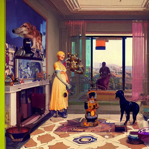 Image similar to (GTA V) Frenetic domesticity, with a parent and child and robot dog in the center, surrounded by futuristic items of convenience. The colors are muted-neon and calming, serine complacency. By Ellen Jewett, by Lawrence Alma-Tadema, realistic