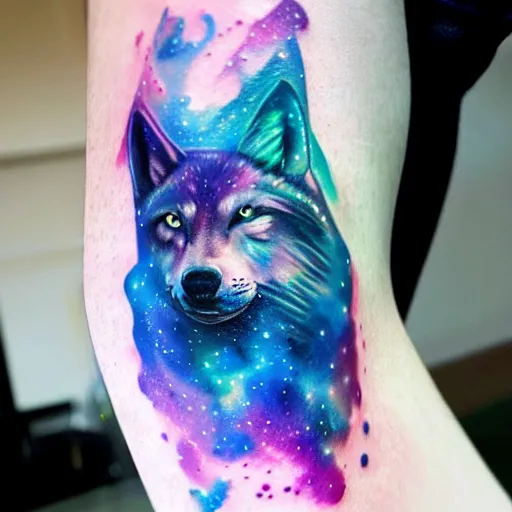 Image similar to A galaxy wolf shaped nebula watercolor tattoo, advanced,