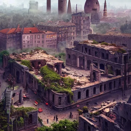 Image similar to aerial view of ruins of munich!!!, vegetation!!!, rubble!!, rusty cars!! hyperrealistic, highly detailed, cinematic, foggy light from fires, beautiful, cgssociety, artstation, 8 k, oil painting by greg rutkowski, by artgerm, by wlop