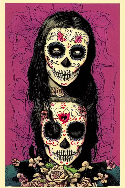 Prompt: Illustration of a sugar skull day of the dead girl, art by Richard Corben