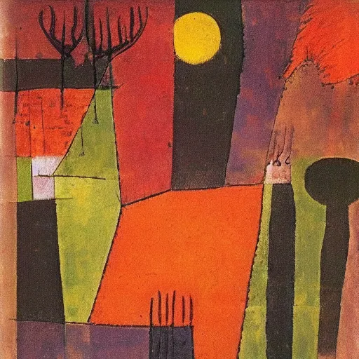 Prompt: the english garden is in flames, there is destruction. paul klee.
