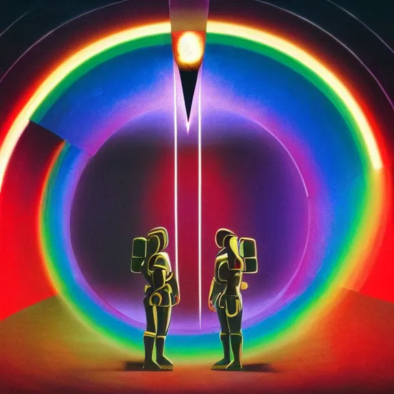 Prompt: two emperors of time wearing techno visors and red rick owens flight suits with their hands behind their backs inside the glowing geometric rainbow portal to the sixth dimension by frank frazetta
