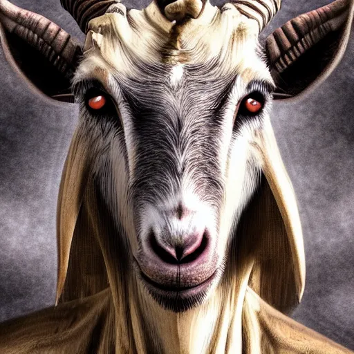 Image similar to creepy goat with deteriorated skin, burnt, dark, horror face, scary, dark, photorealistic, surreal, cosmic horror, 8 k, extreme details, detailed face