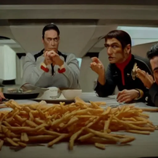 Prompt: Monsters made of French Fries, fighting Star Trek Engineers in the mess, film still from the movie directed by Denis Villeneuve with art direction by Salvador Dalí,