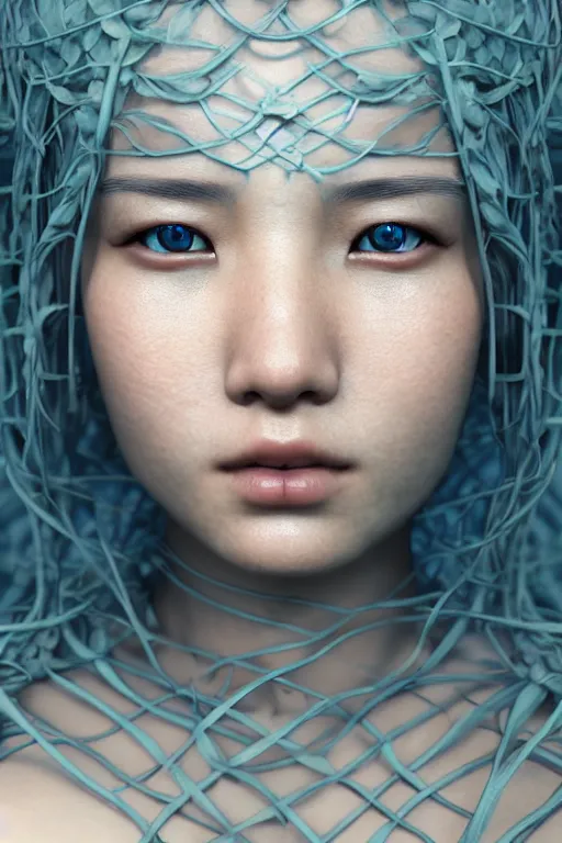 Image similar to intricate highly detailed face portrait of asian - european woman, light blue water vines on her face, intricate, cgsociety, unreal engine, octane render, sharp focus, smooth, volumetric lighting, cinematic composition, artstation