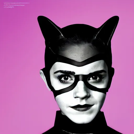 Prompt: Emma Watson as Catwoman, XF IQ4, 150MP, 50mm, f/1.4, ISO 200, 1/160s, natural light, Adobe Lightroom, photolab, Affinity Photo, PhotoDirector 365, filling the frame, rule of thirds, framing, symmetrical balance, depth layering