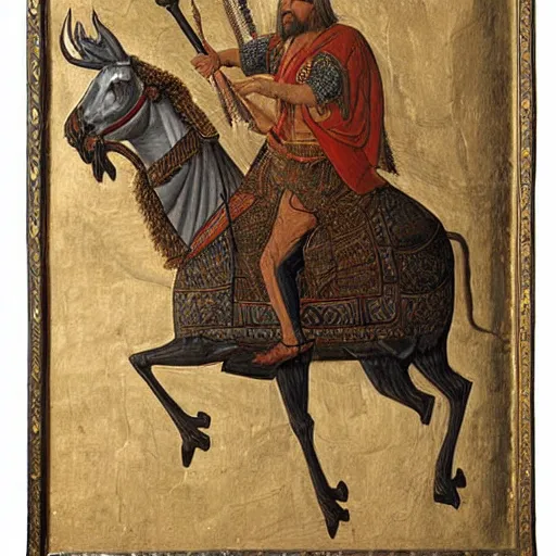 Image similar to painting of the swedish king riding a moose into battle holding a greatsword above his head, carlo crivelli