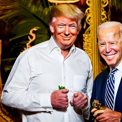 Image similar to donald Trump and joe Biden having dinner at a fancy Balinese restaurant, award winning photography, 85mm, perfect faces