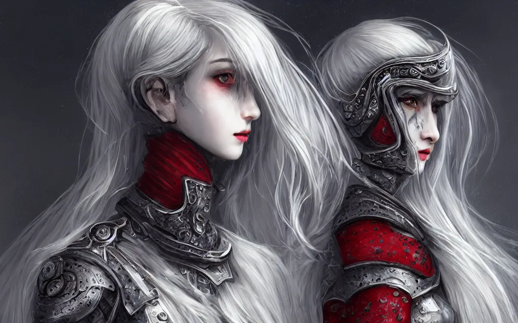 Image similar to light grey hair portrait knights of zodiac girl + smoky eyes, matt black / little red color armor, in ruined agora of athens, ssci - fi and fantasy, intricate and very very beautiful and elegant, highly detailed, digital painting, artstation, concept art, frostbite engine, smooth and sharp focus, illustration, art by tian zi and wlop and alphonse mucha