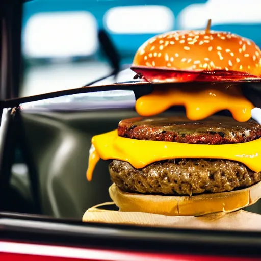 Image similar to a cheeseburger car automobile with burger wheels and melted cheese over the windshield, highly detailed stage photography of food