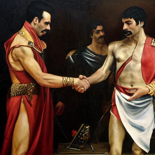 Prompt: freddie mercury shaking hands with julius caesar, painting 4 k masterpiece