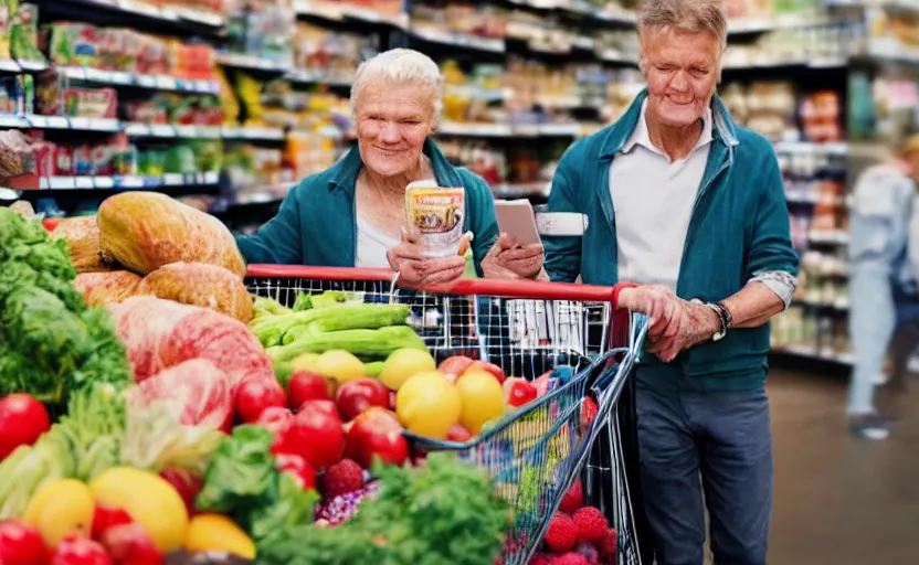 Image similar to close - up photo of old norwegian couple in a grocery shop, scanning groceries with their smartphones, holding up their smartphones, displaying qr codes, shopping carts full of groceries, long line of people in background, advertisement photo by david lachapelle