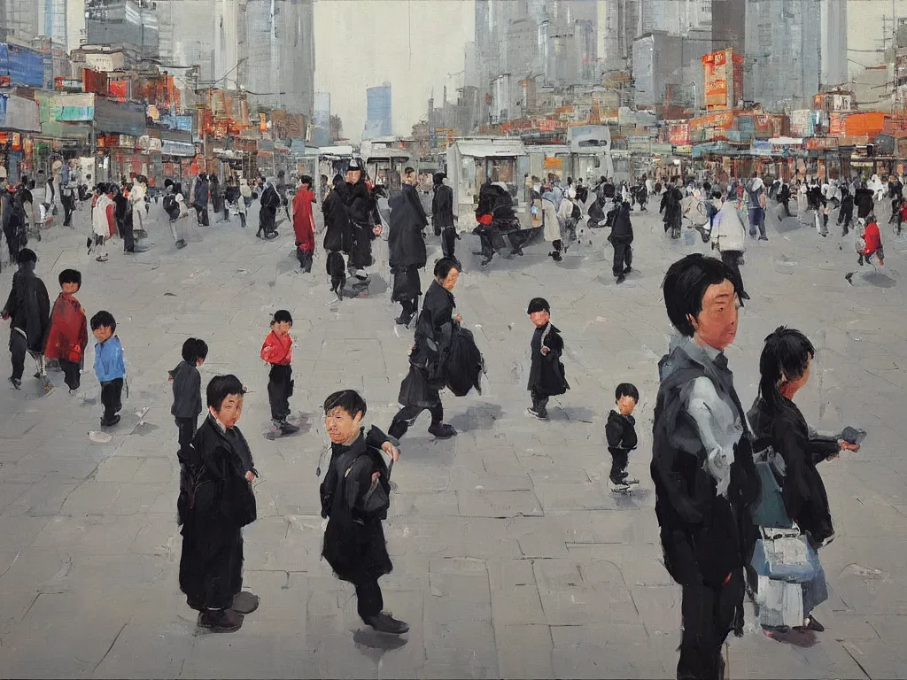 Prompt: ‘The Center of the World’ (Liu Xiaodong realist oil painting, large brushstrokes, colorful crowded city street) was filmed in Beijing in April 2013 depicting a white collar office worker. A man in his early thirties – the first single-child-generation in China. Representing a new image of an idealized urban successful booming China.