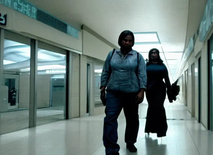 Prompt: cinematic shot of octavia spencer being chased down an escalator by walter white in a strange defunct abandoned mall, iconic scene from the paranoid thriller sci fi film directed by stanley kubrick, 2 4 mm anamorphic lens, backlit, moody strange cinematography, beautiful composition, color theory, leading lines, photorealistic, highly detailed scene moody lighting