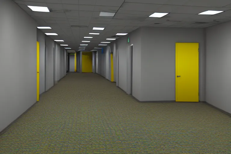 Prompt: 3 d render of jerma 9 8 5, jerma walking around in the backrooms, jerma walking in endless halls of completely empty office space with worn light mono - yellow 7 0 s wallpaper, old moist carpet, and inconsistently - placed fluorescent lighting | liminal space | non - euclidean space | high octane | blender | 3 d render