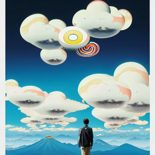 Image similar to a man walking on clouds away from the camera above kyoto by takashi murakami, beeple and james jean, aya takano color style, 4 k, super detailed, modern, 4 k, symmetrical