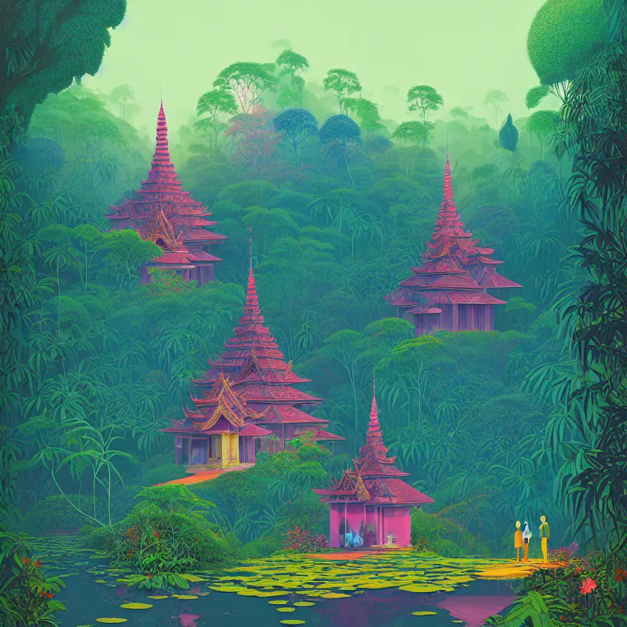 Prompt: ( ( ( gediminas pranckevicius ) ) ), wat bukit perak jungle temple, summer morning, very coherent and colorful high contrast art by james gilleard floralpunk screen printing woodblock, dark shadows, pastel color, hard lighting