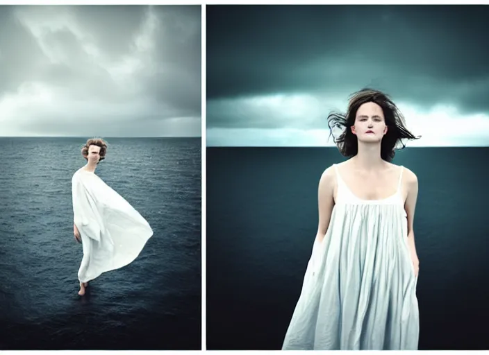 Image similar to cinestill 5 0 d half - length portrait photo portrait of a woman britt marling 3 / 4 style of nicholas fols, 1 5 0 mm, dress in voile, hair like dark clouds, hair in wind, head in focus, mute dramatic colours, soft blur outdoor stormy sea background, volumetric lighting, hyper detailed, hyper realistic