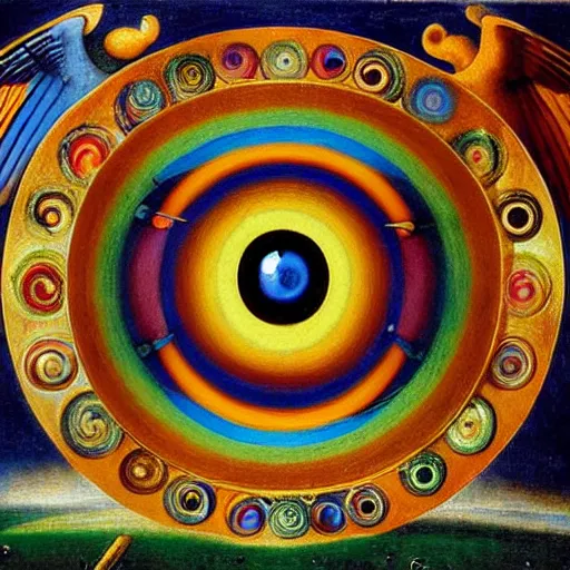 Image similar to painting of rainbow ophanim surrounded by large diagonally rotating rings, giant eyeball in the middle of the ophanim, by jan van eyck, amazing details, mythological, biblical, beautiful composition