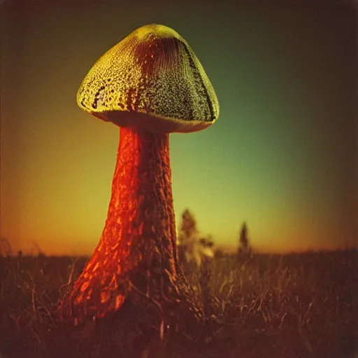 Image similar to photograph taken by a rolleiflex tlr, 1 2 0 mm, portrait, a human face morphing into an amanita muscaria mushroom, shot by ryan mcginley, moon in sky, night time