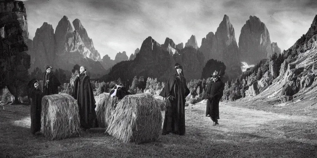 Image similar to 1920s photography of occult priests with hay coats and horn with dolomites in the background, occult signs, witch burning, solstice fire, alp, dolomites, alpine, detailed intricate insanely detailed octane render, 8k artistic 1920s photography, photorealistic, black and white, chiaroscuro, hd, by David Cronenberg, Raphael, Caravaggio