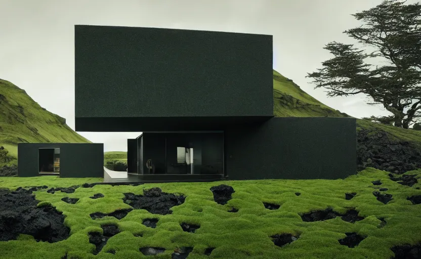 Prompt: An Exterior wide angle shot of a modern architecture house in the middle of a green icelandic valley with black sand rocks and green moss, Greg Rutkowski and Craig Mullins, Cinematic and atmospheric lighting