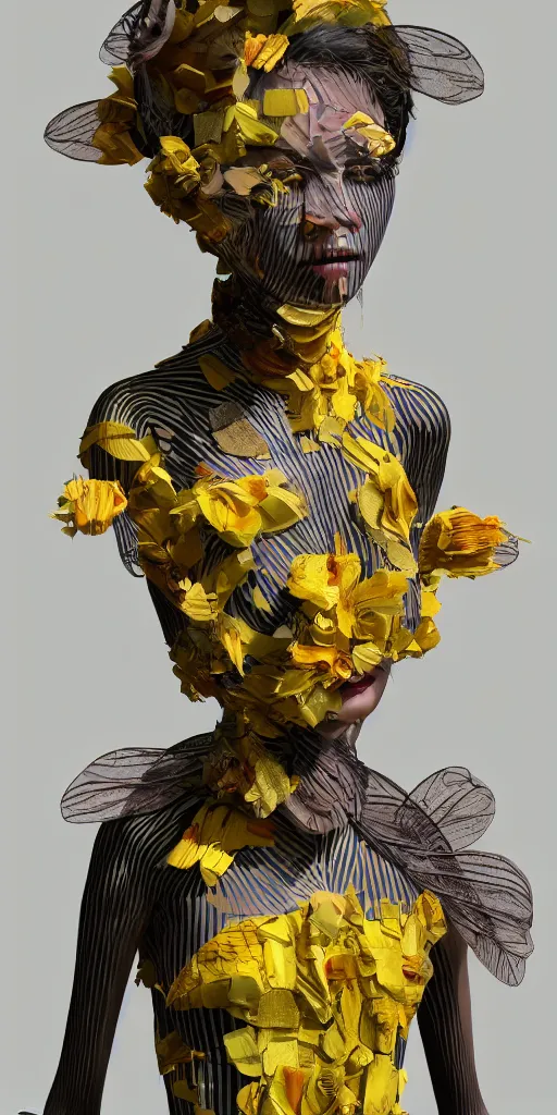 Image similar to an anthromorphic beautiful bee woman wearing striped couture made out of wax and paper and flower petals, at a fashion shoot, trending on Art Station, 3D, octane render,