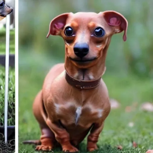 Prompt: a Dachshund and Chihuahua breed dog with an 8 pack and a chad face