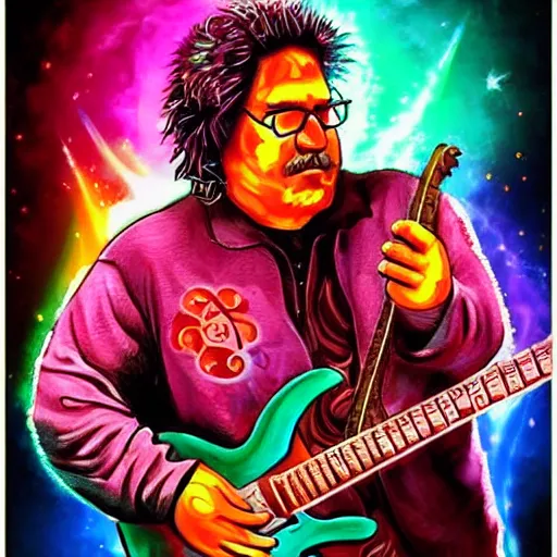 Image similar to a Jerry Garcia guitarist playing so intensely there is electricity shooting out from his guitar, energy beams under his finger tips, and magic sparkles from the freboard, amazing ditial art, trending on artstation, featured on deviantart