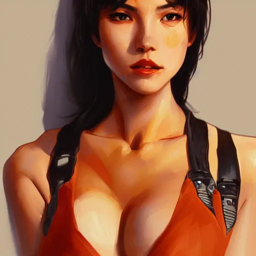 Prompt: portrait of cassandra cain wearing orange bra, attractive, casual, modern, victoria's secret, highly detailed, digital painting, artstation, concept art, smooth, sharp focus, illustration, art by artgerm, greg rutkowski and alphonse mucha