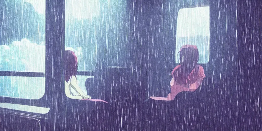 Image similar to Girl sitting in a window seat in a bus at night, raining, cinematic lighting, style by Makoto Shinkai