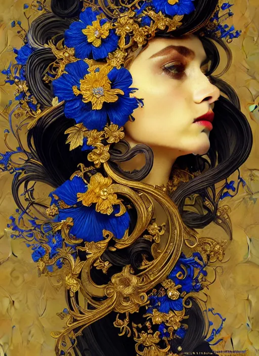 Image similar to beautiful black blue yellow, complicated gold and blue flowers in baroque style headwears, dark fantasy, intricate, elegant, highly detailed, digital painting, artstation, concept art, matte, 3 d 8 k octane rendered, sharp focus, illustration, octane rendered, art by artgerm and alphonse mucha, leesha hannigan