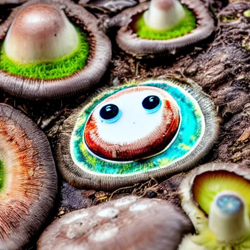 Image similar to macro photo with a mushroom character with cute eyes and mycelium, very close to real nature, natural colors and natural surroundings, painted patterns and coloring on mushrooms, 8K, highly detailed, cartoon