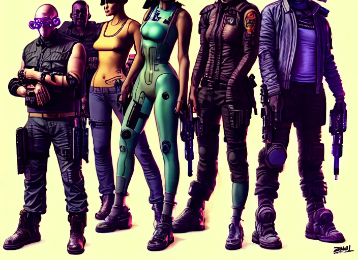 Image similar to cyberpunk cartel kill squad. portrait by stonehouse and mœbius and will eisner and gil elvgren and pixar. character design. realistic proportions. cyberpunk 2 0 7 7 character art, blade runner 2 0 4 9 concept art. cel shading. attractive face. thick lines. the team. diverse characters. shadowrun. artstationhq.