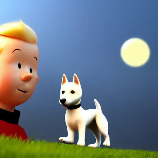 Image similar to tintin and his tiny white fox terrier, depicted as a pixar character, high quality cg render, 8 k