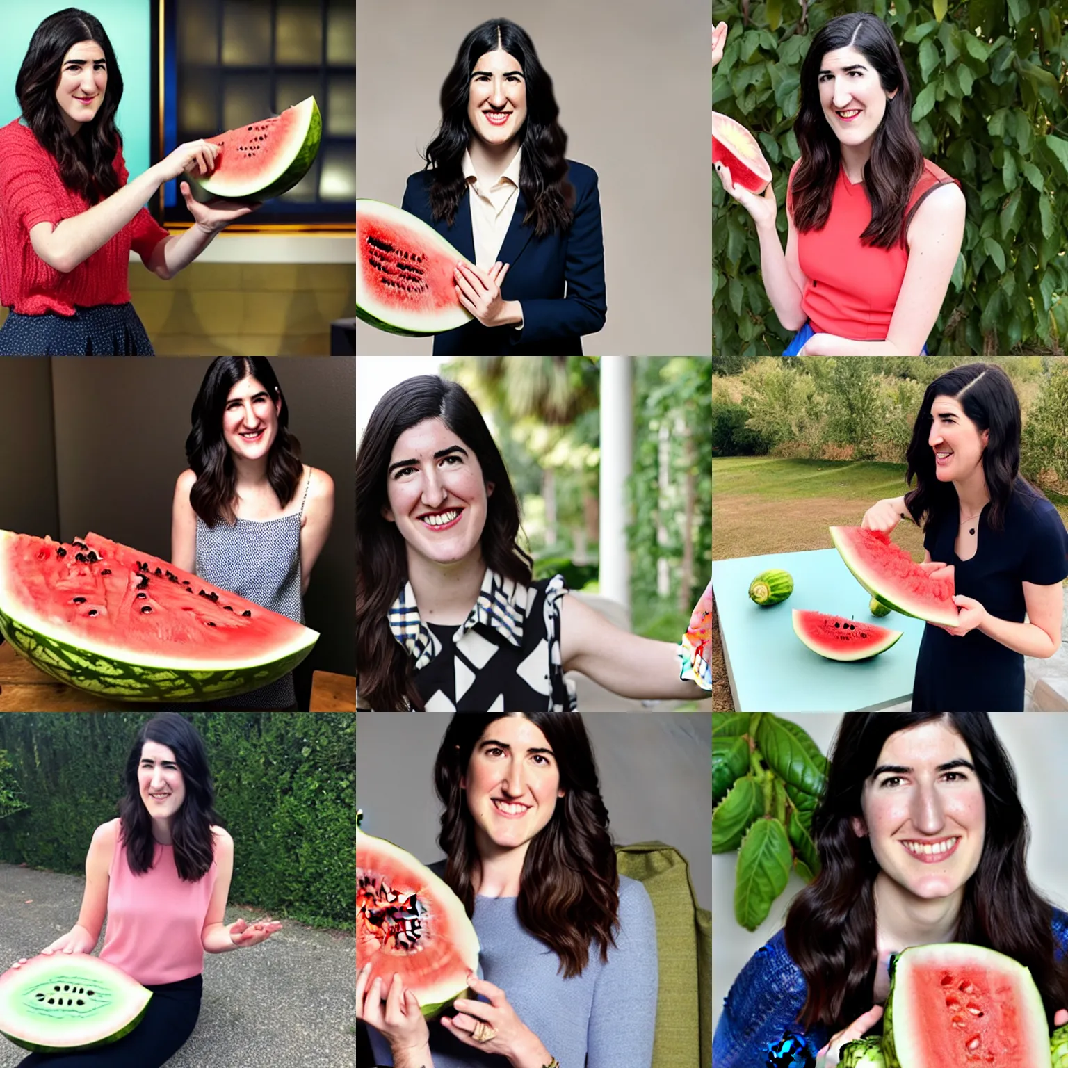 Prompt: d'arcy carden offering a watermelon