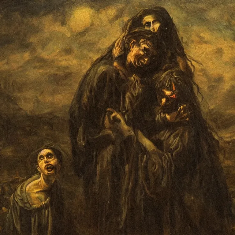 Image similar to the night of despair, doompunk, dark emotional portrait, nineteenth century painting masterpiece