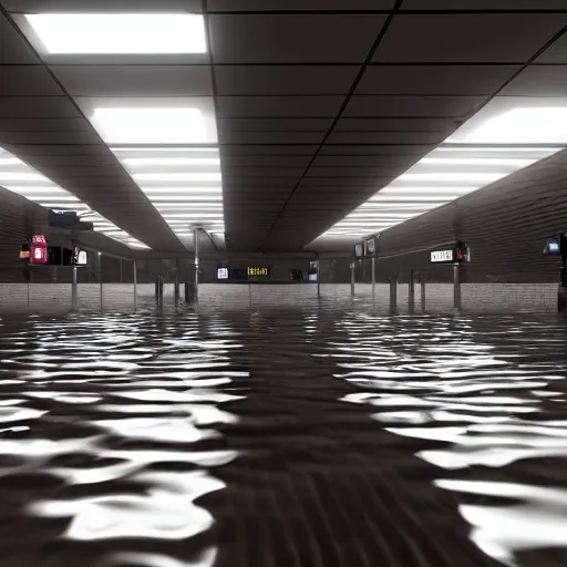Prompt: photo of a subway station, the floor is flooded with one meter deep water. eerie, volumetric lighting. highly - detailed 4 k