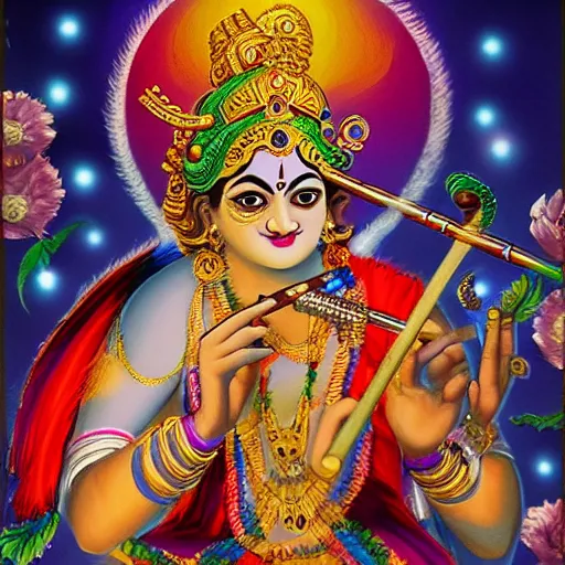 Image similar to Lord Krishna playing flute and all creatures of the world listening his soul full music , dreamy, mediation, magical effect, artstation, clear clean face, full body ,hyperreal, hyperdetailed