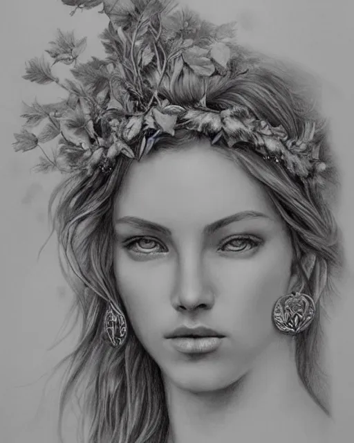 Image similar to pencil drawing of the very beautiful greek goddess aphrodite wearing a laurel wreath with arrowhead earrings, piercing eyes, beautiful flowing hair, hyper realistic face, in the style of greg rutkowski, fantasy, amazing detail, epic, elegant, smooth, sharp focus, young